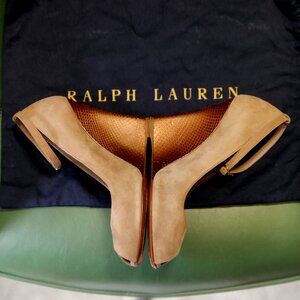 Ralph Lauren Purple Label, 7.5B, Tan Suede, Wedge, Peep toe, Snakeskin, Bronze